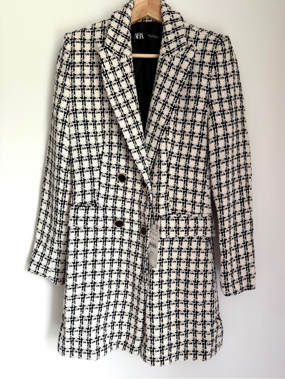 Zara Black & White Tweed Double Breasted Blazer Size M NWT